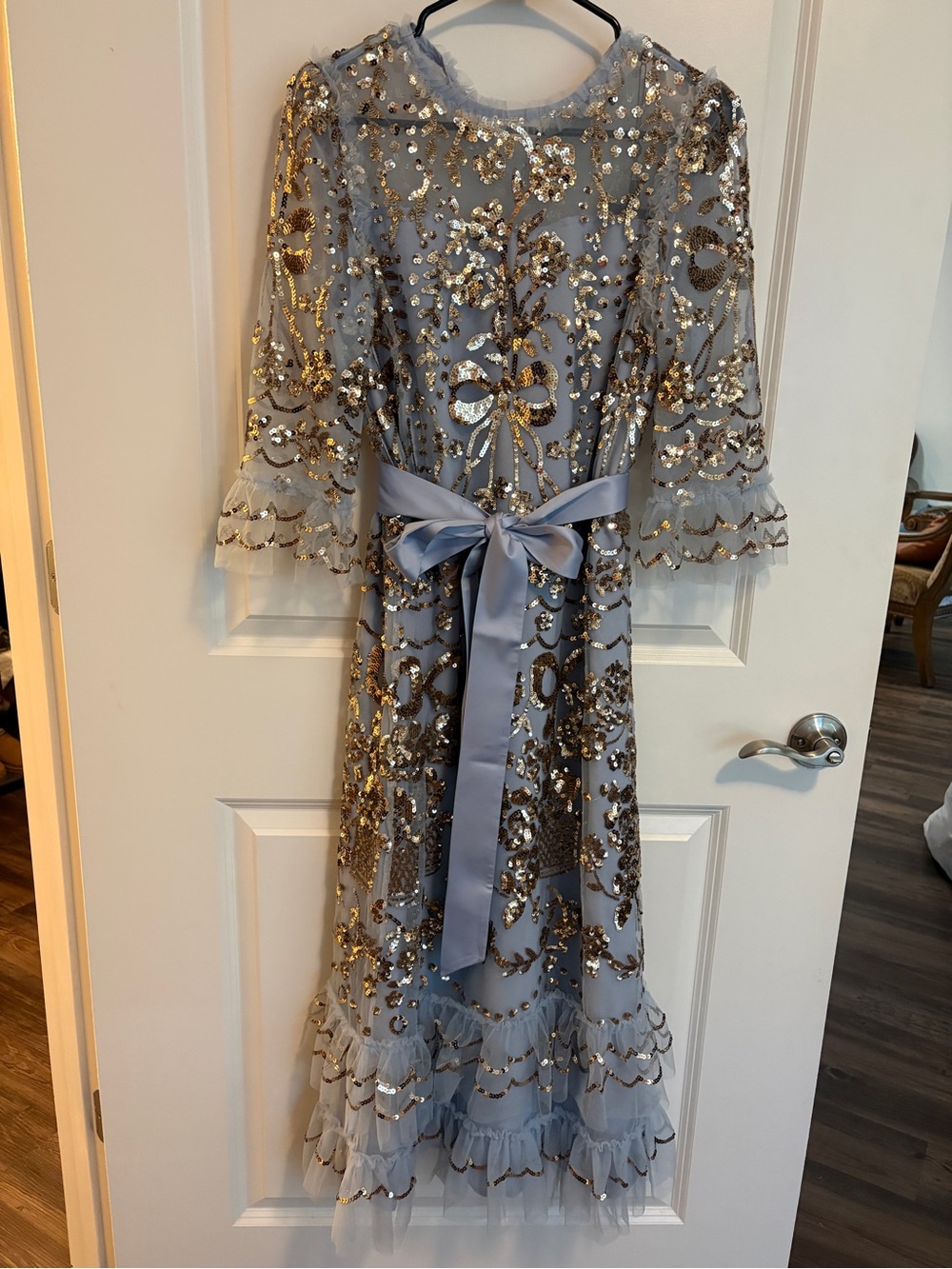 Elegant Light Blue Embellished Tulle Dress with Satin Sash